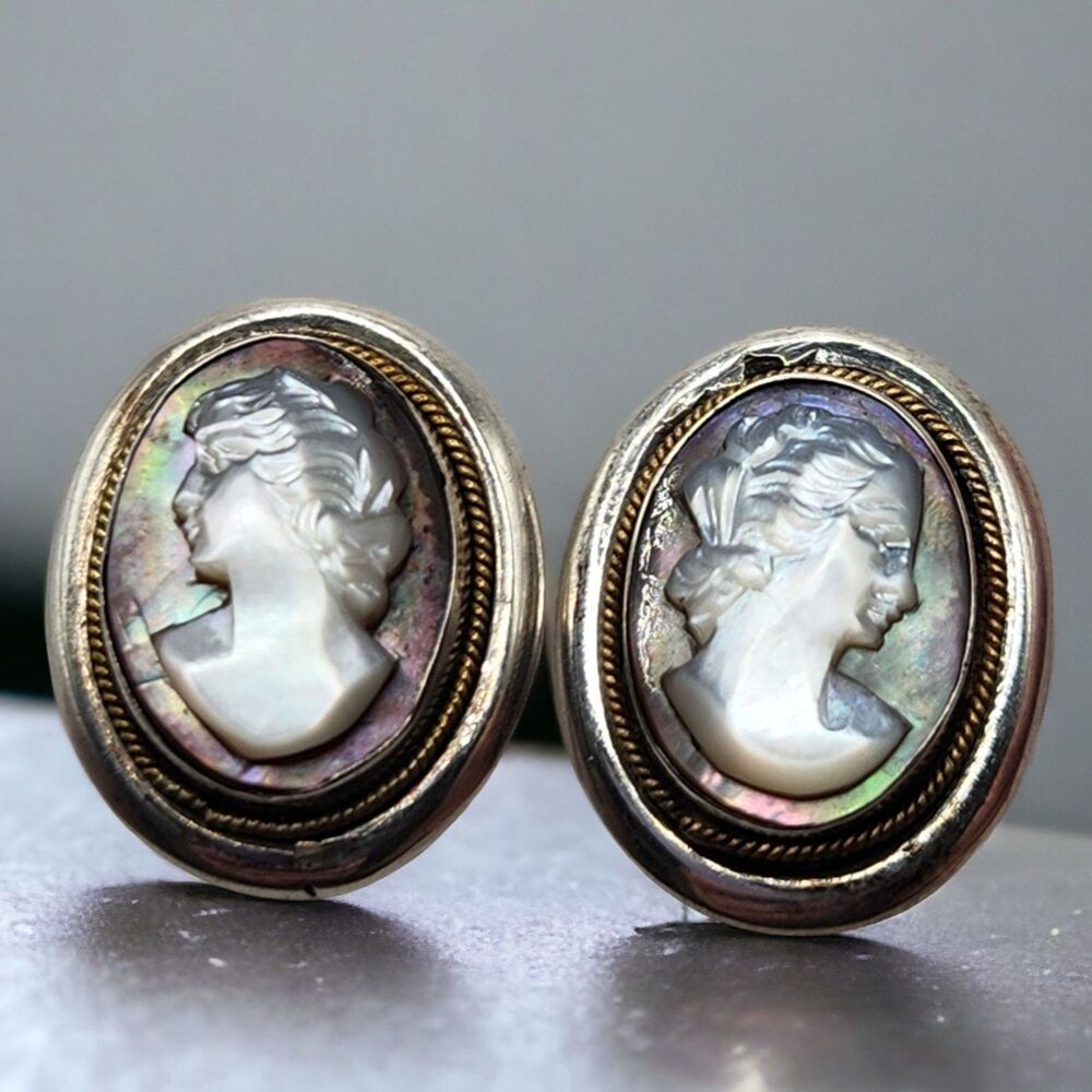 Antique 800 Silver Carved Mother of Pearl Cameo Earring .75" Screw Back Gorgeous